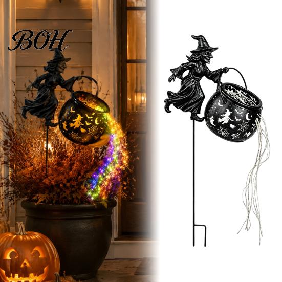 Halloween Landscaping Atmosphere Light Witch Cauldron Garden Light, Metal Yard Stake with LED String Colorful Flowing Water Effect Lights, Waterproof