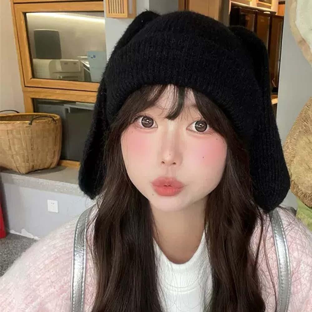 Korean Style Rabbit Ears Cap Elastic Solid Color Knitted Hat Woolen Hat Brimless Beanie Hat Couple