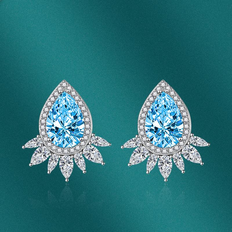 BELLA BOX Fashion Water Drop Zircon Sapphire Stud Earrings Lady Party Accessories