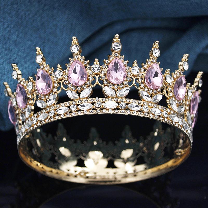 Queen King Wedding Crown Round Tiaras and Crowns Bride Diadem Birthday Party Cake Topper Jewelry Hair Accessory