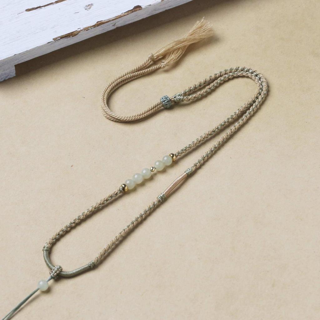 Hand-Woven Adjustable Gold Jade Pendant Necklace for Women