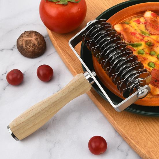 Stainless Steel Pizza Dough Lattice Roller Cutter with Wooden Handle Grid Pattern Maker for Biscuits Cookies Pies Cakes