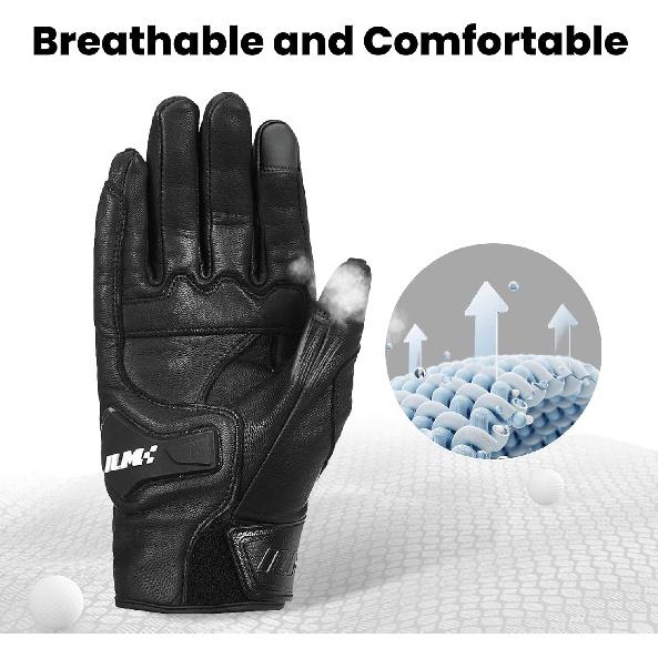 ILM Goatskin Leather Motorcycle Motorbike Powersports Racing Gloves Touchscreen For Men And Women Model DN01(M, Black Unperforated)