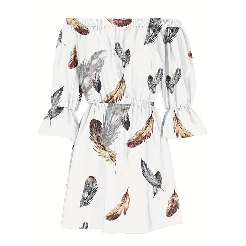 Женское летнее платье с плоским плечом, сексуальное цельное платье с принтом перьев