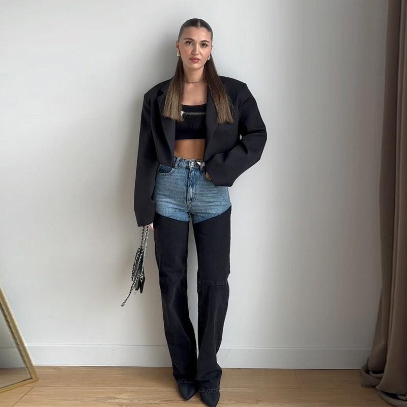 Модные джинсы в стиле пэчворк с цветными блоками, женские повседневные потертые джинсовые брюки, модные новинки, женские прямые брюки, весна 2025 г.