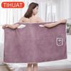 1pc Portable Bath Towel Absorbent Quick Dry Bathrobe with Pockets Bow Decor Bath Towel Bathroom Accessories