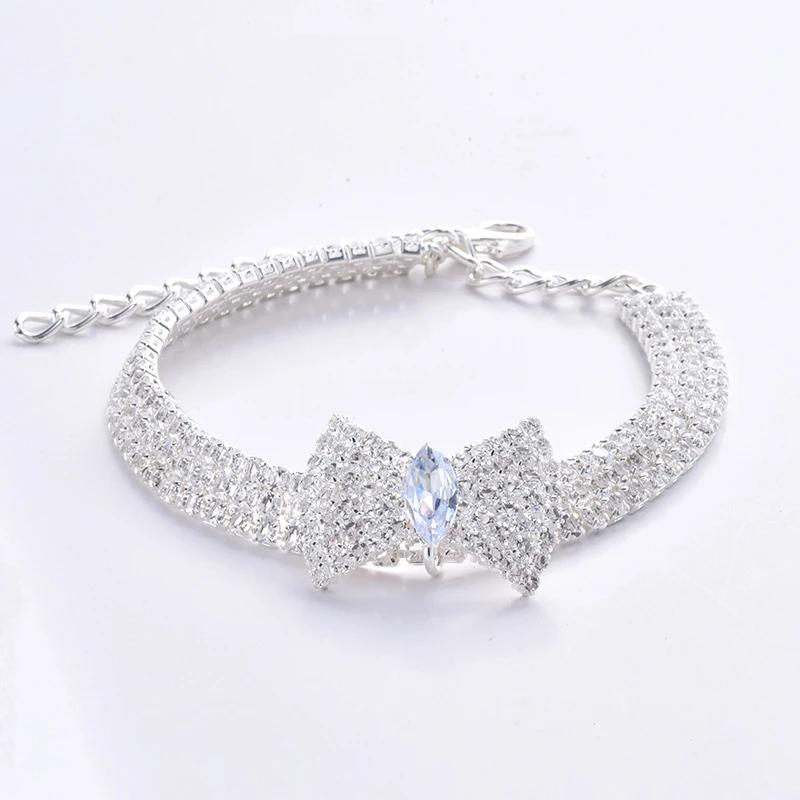 Sparkling Rhinestone Pet Dog Cat Collar with Bowknot Charm, Adjustable Crystal Puppy Kitten Necklace for Small Medium Dogs