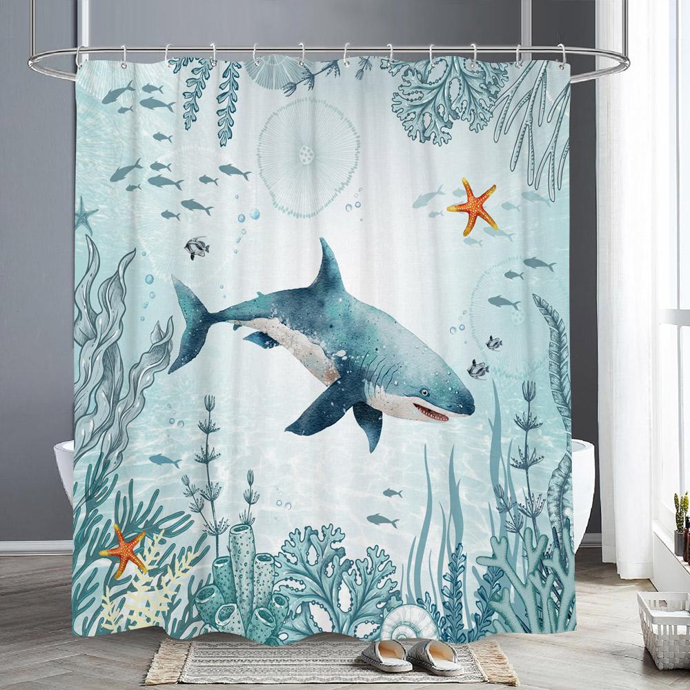 Sea Turtle Ocean Animal Shower Curtain Starfish Underwater Plants Coral Algae Watercolour Art Home Shower Curtain Bathroom Decor