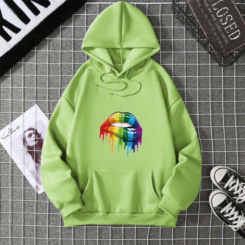 2025 Fashion Women's Colorful Lips Print Hoodie, Women's Outdoor Street Hooded Pocket Hoodie, Women's Sweatshirt Women's Clothes