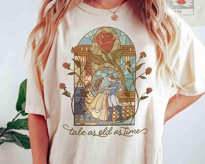 Disney Beauty & The Beast Tale As Old As Time Stained Glass Retro Shirt, WDW Magic Kingdom Unisex T-shirt Family Birthday Gift Adult Kid Tee