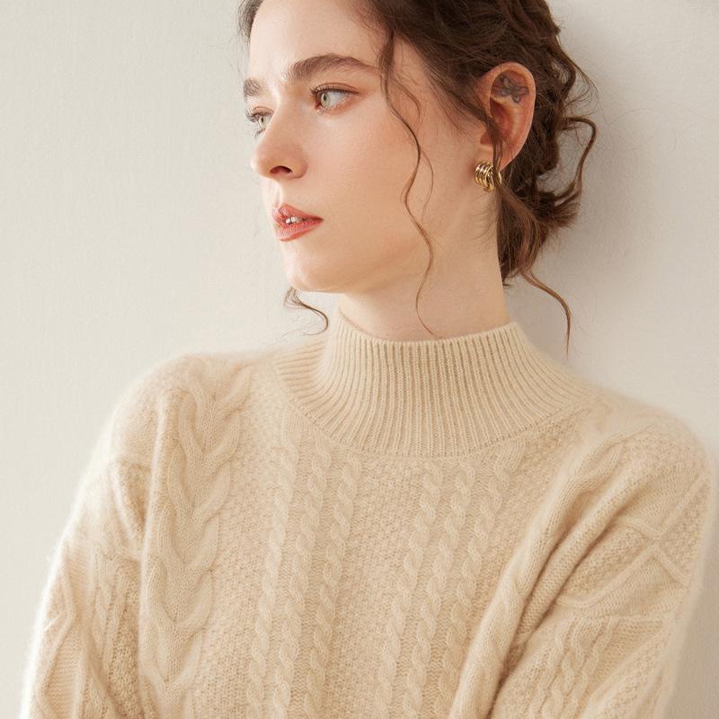 Women's 2025 Cashmere Cable Knit Pullover: Heavyweight, Half-High Collar, Loose, Slimming Sweater.