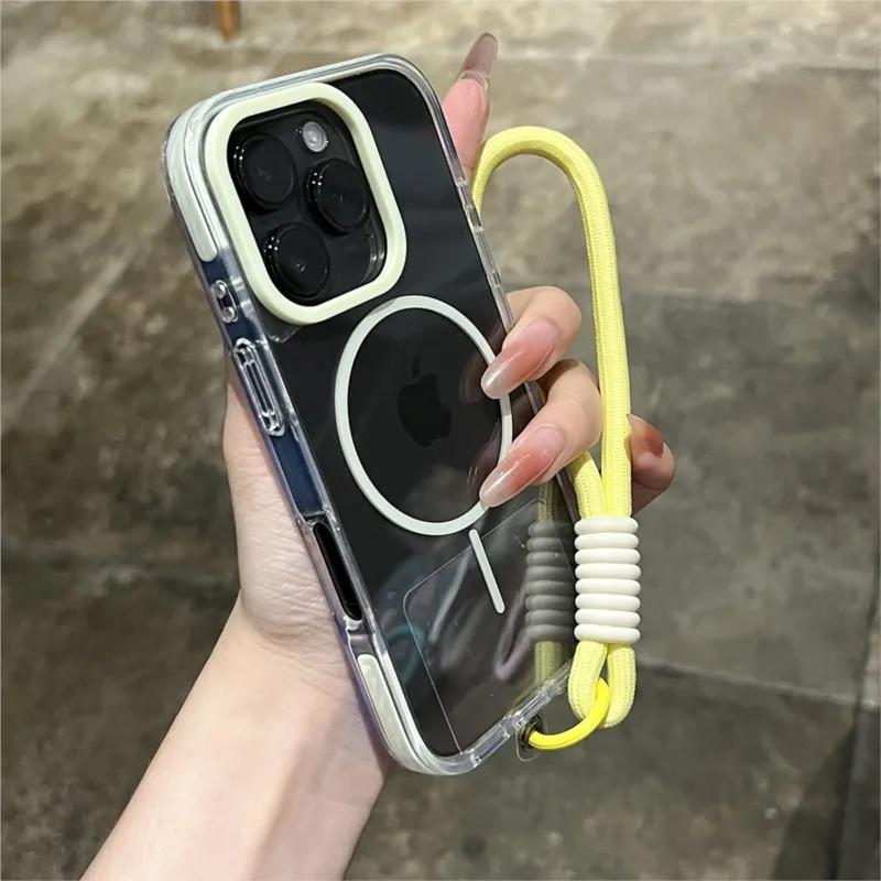 Прозрачный чехол для телефона с магнитом и ремешком на запястье для iPhone 14 15 16 Plus 11 12 13 16 Pro Max, Magsafe, прозрачный, для зарядки, противоударный