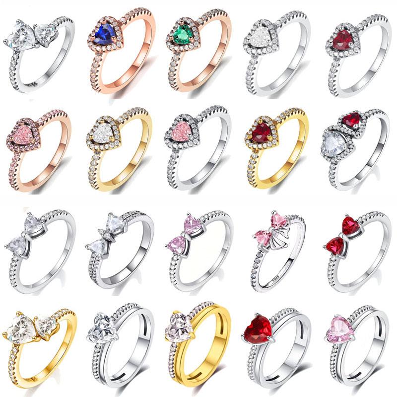 Кольцо из серебра 925 пробы с розовым бантом, Вечное, Красные и синие кольца на пальцы в форме сердца для женщин, Свадебное кольцо с кристаллами, Ювелирное украшение, Подарок 2025
