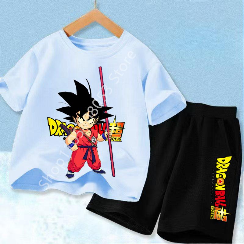 2026 Anime Cool Goku Dragon Ball Z Boys CosPlay Short Sleeve Shorts with Pocket Beach Pants Breathable T-shirt Kids Suit