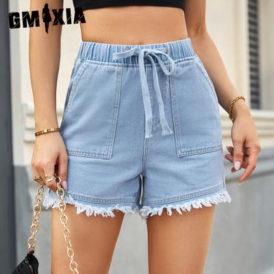 Повседневные джинсовые шорты с высокой талией и необработанным краем на эластичной талии для женщин