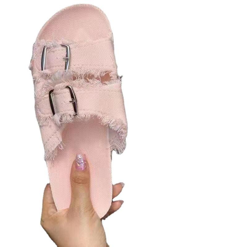 Foreign Trade Plus-size Tassel Slippers Women Wear European and American Belt Buckles, Cork-soled Canvas, One-line Cool Slippers, Women Are Light