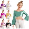 Girls Performance Crop Top Long Flared Sleeve Off Shoulder Metallic Design Birthday Party Tops