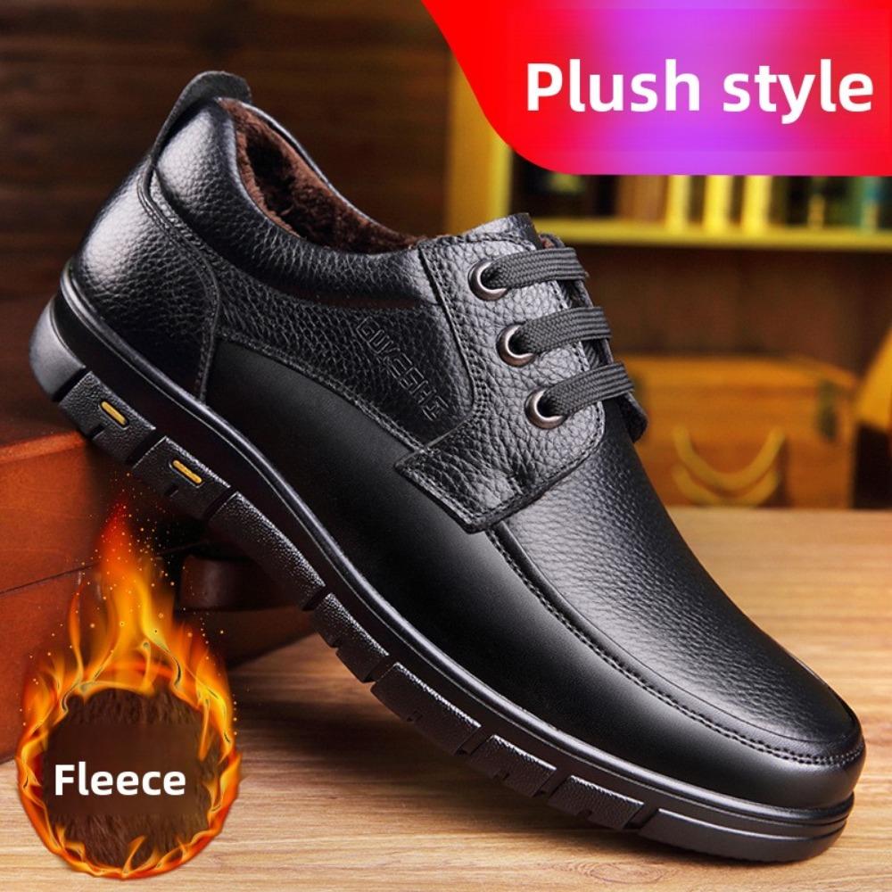 Winter Warm Fur Lined Leather Shoes for Men Soft Sole Comfortable Casual Lace Up Shoes for Middle Aged Dad