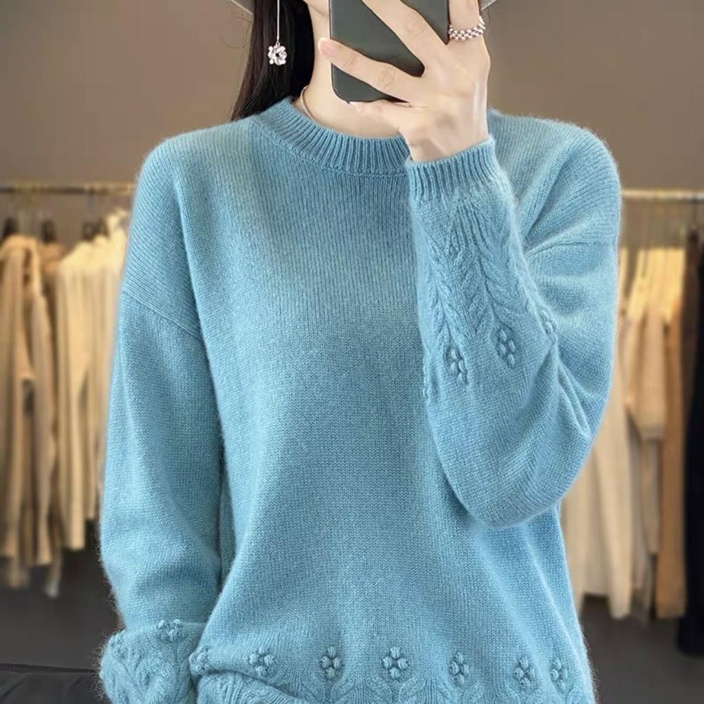 Autumn and Winter Round Neck Sweater for Women Solid Color Loose Jacquard Soft Glutinous Knitted Base Sweater and Pullover