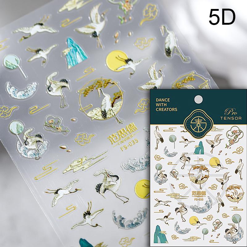 Chinese red-crowned crane nail stickers Xiangyun Phoenix 5D self-adhesive nail art stickers chic nail art decal accessorie