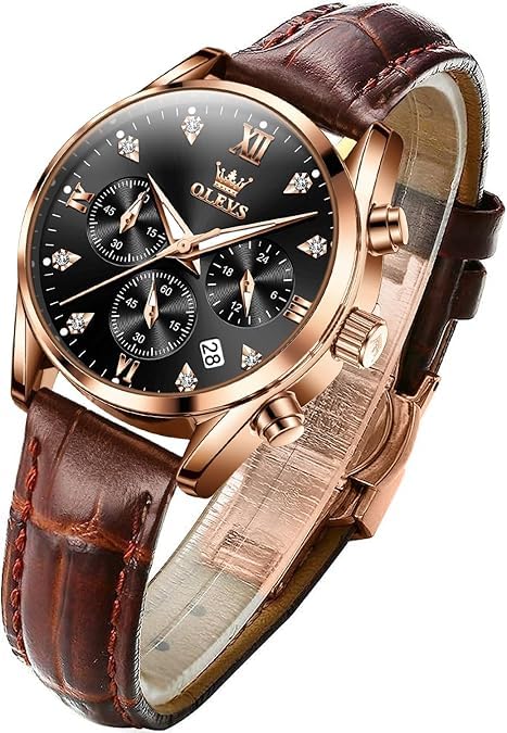 OLEVS Leather Japanese Diamond Easy To 30M Water Gift for Watch for Rose Gold Black Women's Watch, Strap, Quartz, Dial, Luminous, Read, Resistant,