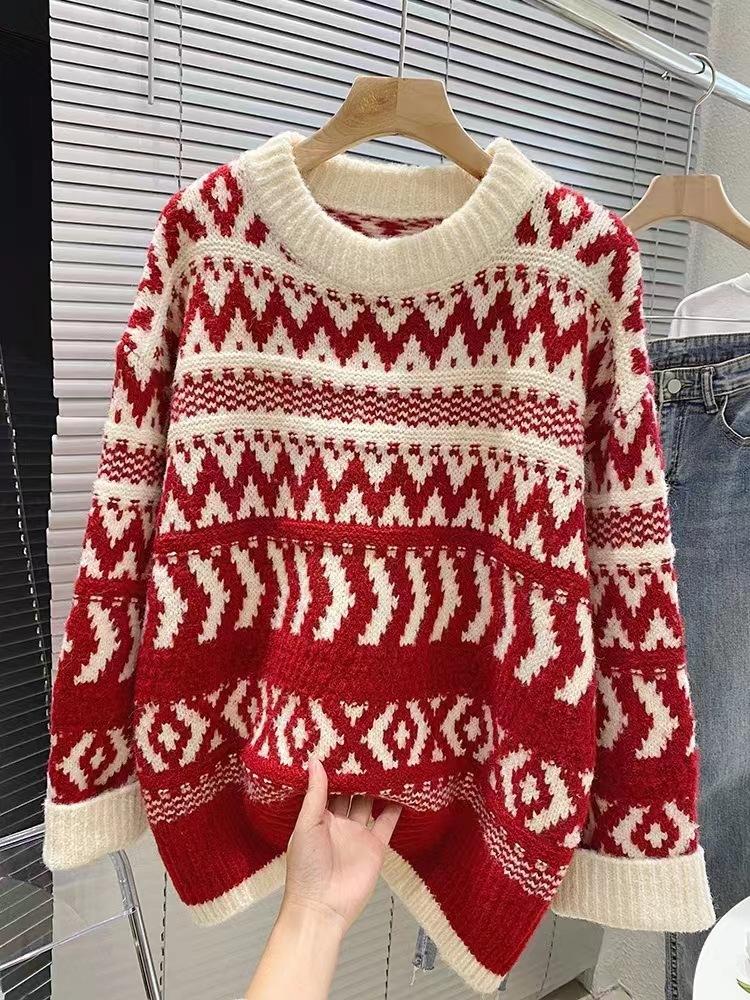 New Red Sweater Women's Autumn and Winter Wear Thickened Lazy Christmas Style Design Retro Feeling Loose Soft Waxy Knitted Sweater