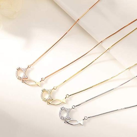 Cat Necklace for Women Gold Popular 925 Silver Zirconia Fish Cat Pendant Finish Sterling Silver Necklace Popular Christmas Gift [Rockyu]