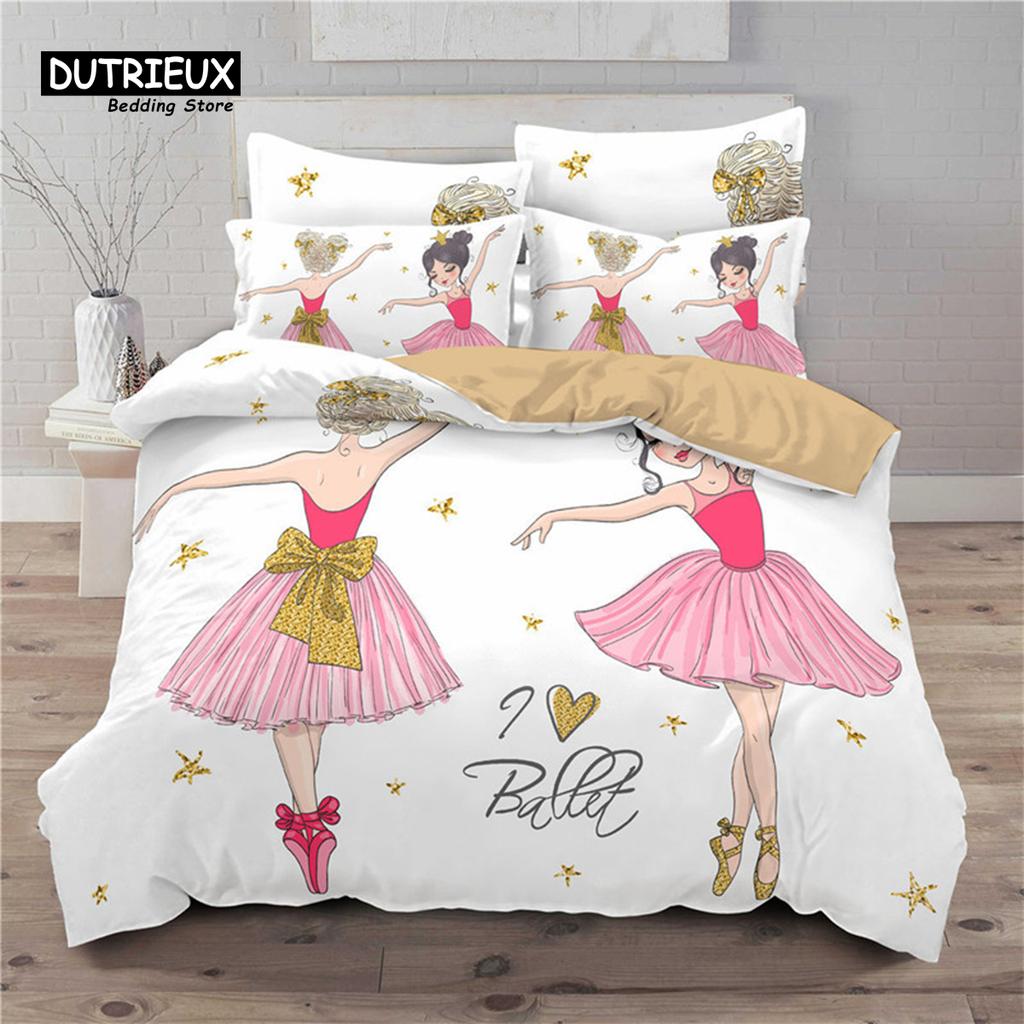 Cartoon Ballet Girl Toddler Bedding Set For Kids Teen Girls Microfiber Modern Swan Cat Unicorn Print Duvet Cover Bedroom Decor