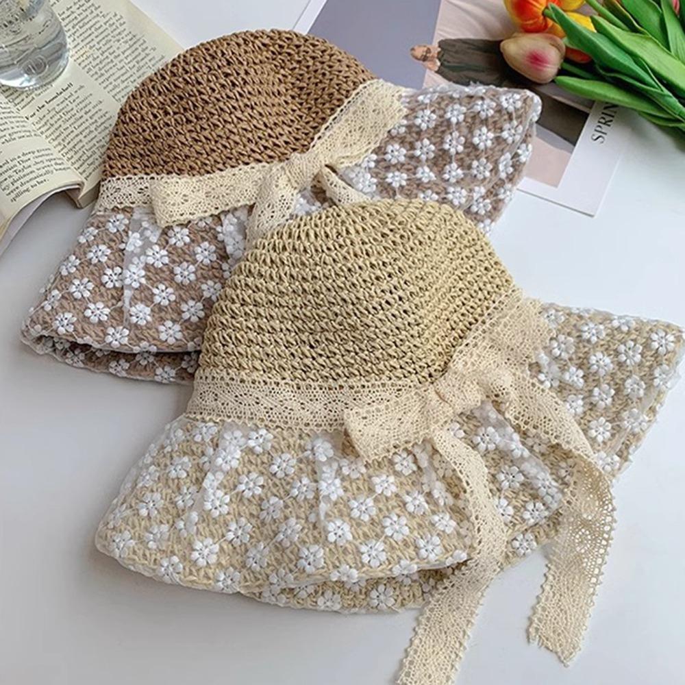 Large Brim Flower Sun Hat Breathable Lace Bowknot Sunshade Cap Vacation Woman's Straw Hat  Travel