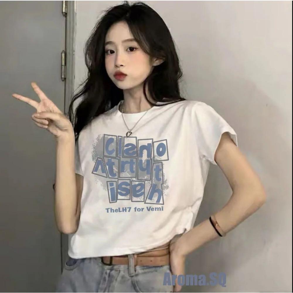 Pure Cotton Short T-shirt Design Summer Hot Girl Short Sleeve Black Loose Top