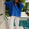 New Summer Cotton Linen Long Sleeve Flounce Blouse For Women