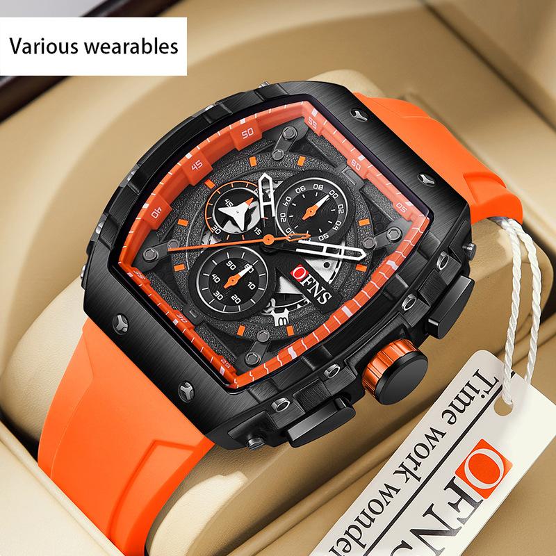 Outdoor Style Wine Barrel Men's Watch Curved Mirror Gradient Hollow Men's Watch Three Eyes and Six Hands Watch