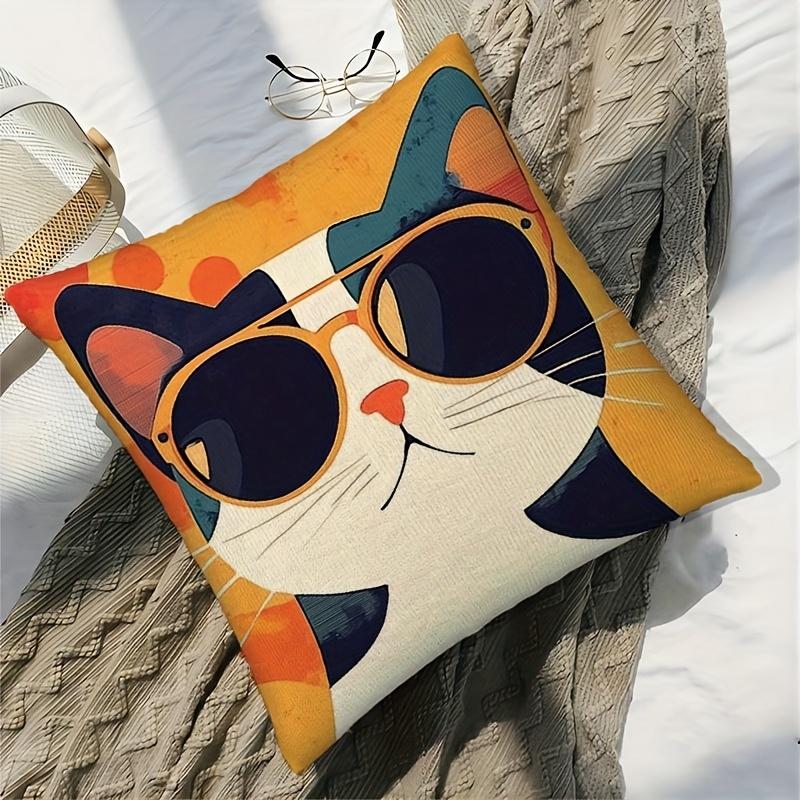 Cool Cat With Sunglasses Throw Pillow Cover Retro Orange Abstract Decorative Pillow Case For Cat Lovers