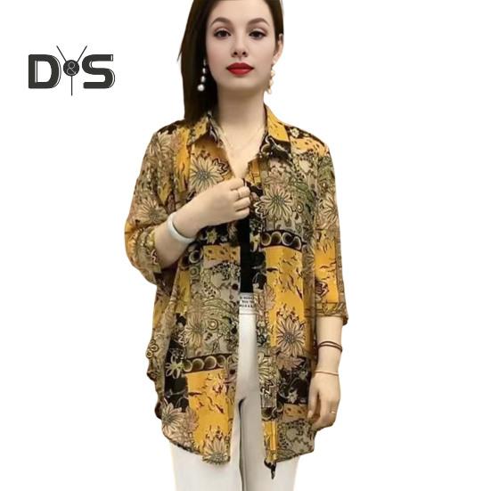 Женская рубашка с отворотом и рукавом 3/4, солнцезащитная рубашка с принтом, защита от солнца, тонкая рубашка средней длины, свободный крой, топы на каждый день