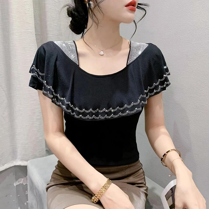 Summer Ruffles Hot Diamonds Square Collar T-Shirts Women Short Sleeved Mesh Tops Shirts Streetwear Girl Fashion Tees Blouse