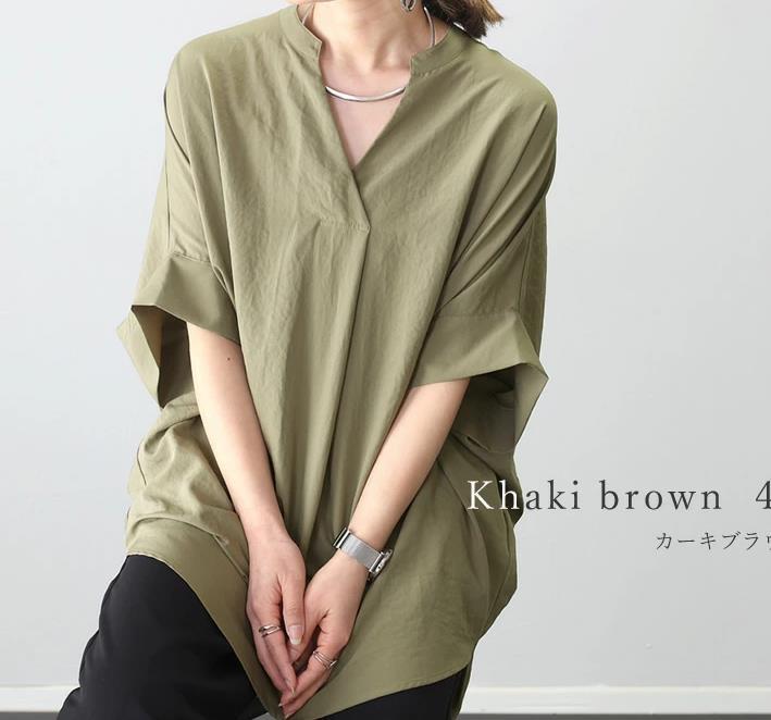 Japanese summer new spring and autumn V-neck pullover loose and thin solid color shirt top women's shirt