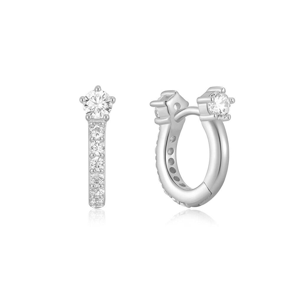 Silver Sparkling Pave Huggie Hoop Earrings 925 Silver E066-04H