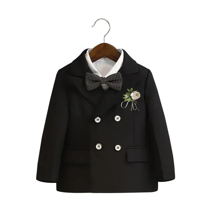 Костюм для мальчиков, модный двубортный черный цветочный детский свадебный наряд для выступлений 4 6 8 10 лет, школьная форма для детей, комплект пиджаков