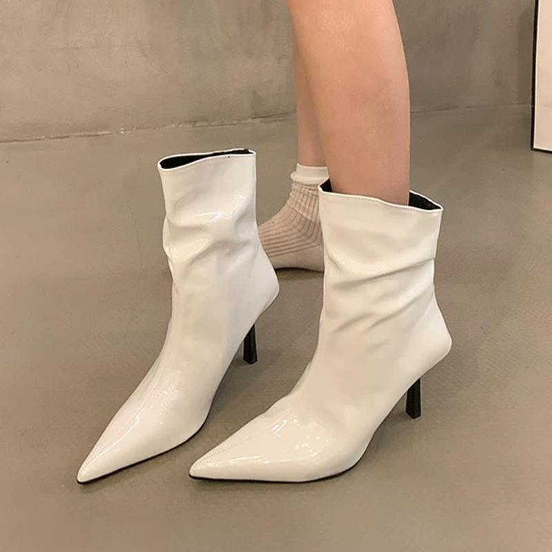 Острый носок женские ботильоны кожаные модные сексуальные туфли на высоком каблуке 2025 трендовые дизайнерские туфли-лодочки готические зимние туфли челси Botas De Mujer