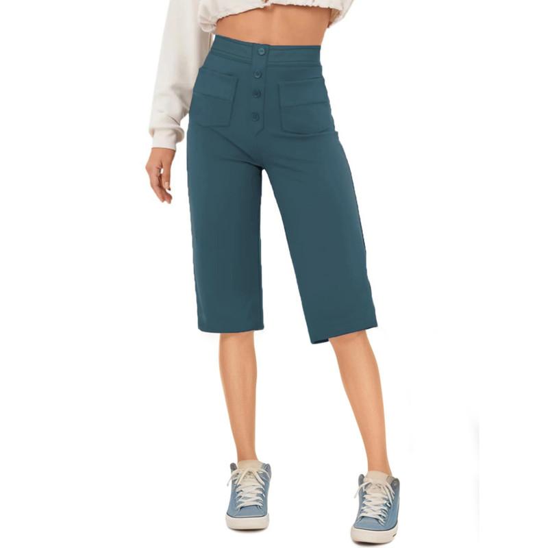 Модные женские повседневные прямые брюки с высокой талией и пуговицами, эластичные узкие шорты