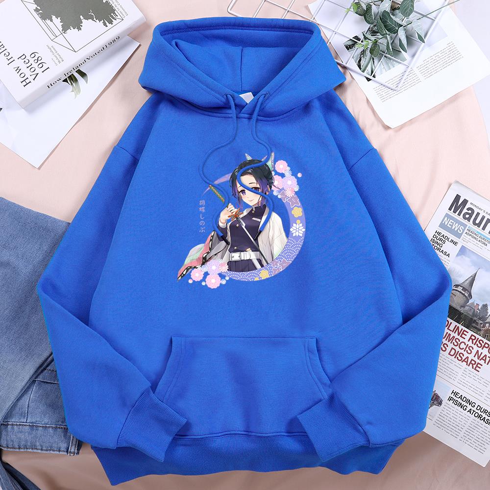 Аниме Demon Slayer Kochou Shinobu With A Sword Женская толстовка с капюшоном Повседневная осенняя толстовка Теплые флисовые топы с круглым вырезом Свободная женская толстовка