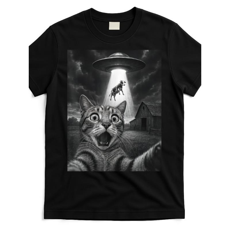 Cat Selfie with Alien and Cow Humorous Cat UFO Street Style Womens Tshirt Round Neck Same Sex Design and Sleeve Mens Tshirt