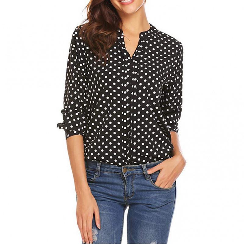 Womens Long Sleeve Dot Print Cotton Linen Shirt With U Neck For Casual Office Wear