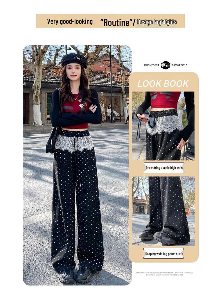 Женские брюки с кружевной вставкой в горошек с широкими штанинами до пола – Весенне-летняя нишевая модель, Повседневные свободные брюки прямого кроя