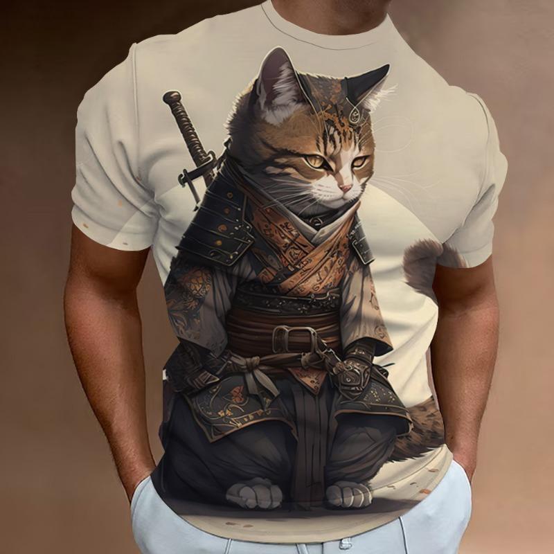 Новая Ретро Мужская Футболка 3D Принт Самурайский Кот Короткий Рукав Для Мужчин Модная Оверсайз Мужская Одежда