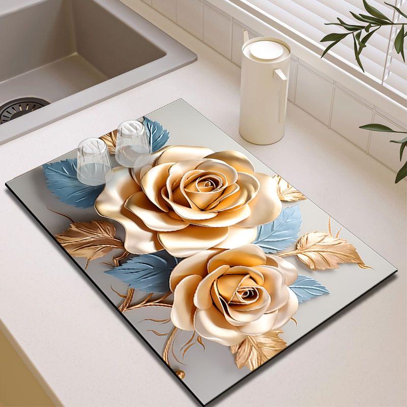 3D Floral Diatom Mud Drain Pad - Теплоизоляционный, Быстросохнущий, Нескользящий Коврик для Кухни