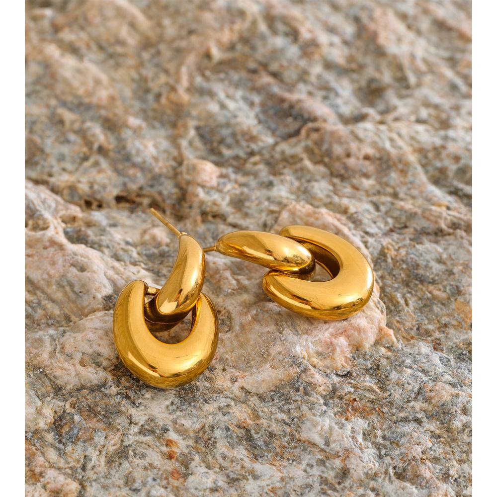 Yhpup Stainless Steel U-Shape Statement Earrings 18K Golden PVD Plated Texture Metal Daily Waterproof Jewelry Accessories