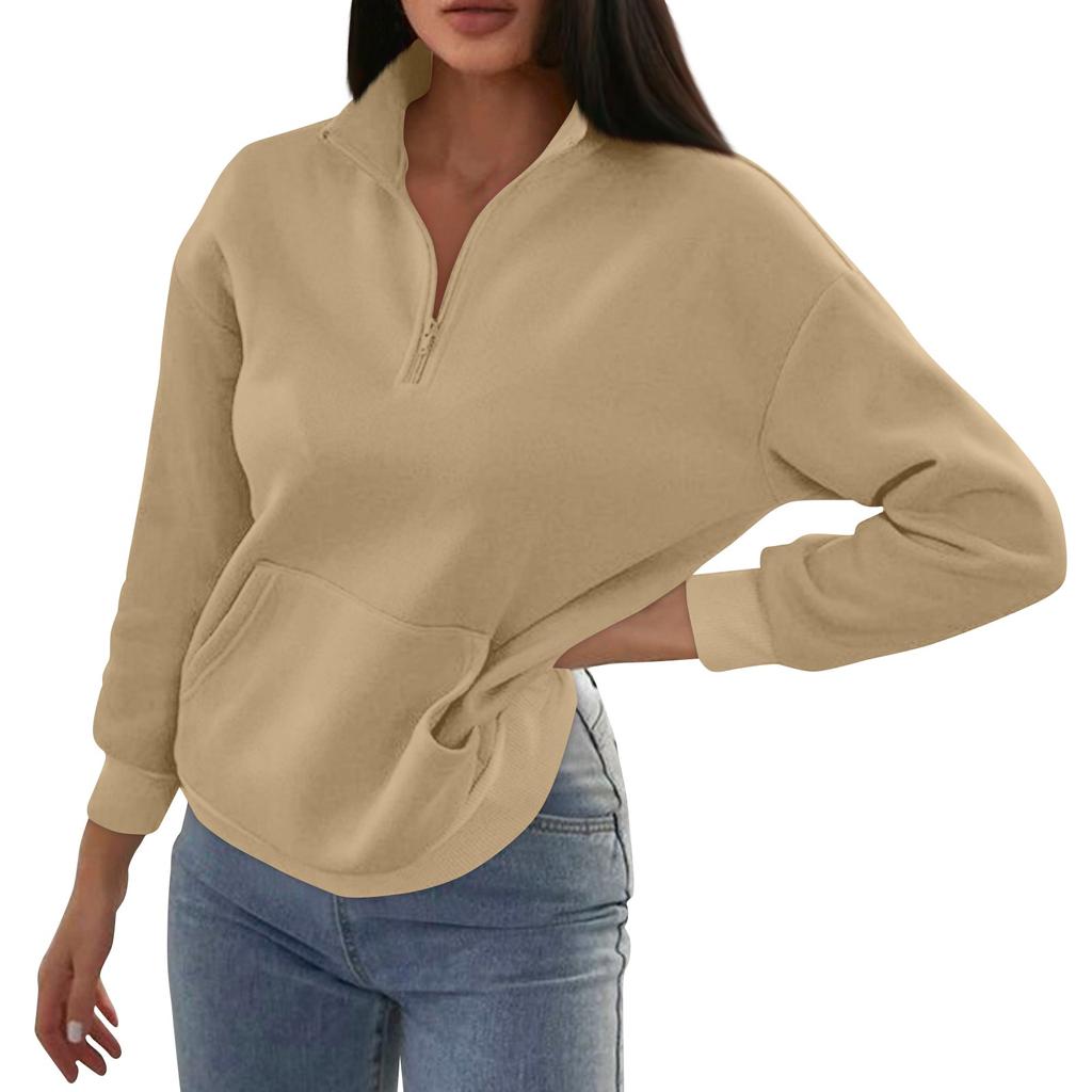 Women's Fashion Autumn And Winter Solid Colour Zipper Pocket Standing Collar Casual Sweatshirt