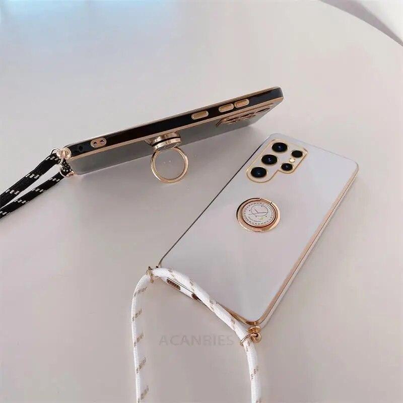 Ring Strap Cord Plating Holder Crossbody Lanyard Case For Samsung S24 S23 S22 Ultra S20 S21 Fe A14 A24 A34 A54 A13 A23 A33 A53 A32 A52redmi 12 13c