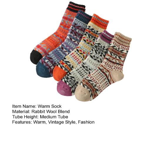 5 Pairs Winter Warm Crew Socks for Women Thick Mid-Calf Knitted Socks Retro Ethnic Style Socks for Christmas Gifts